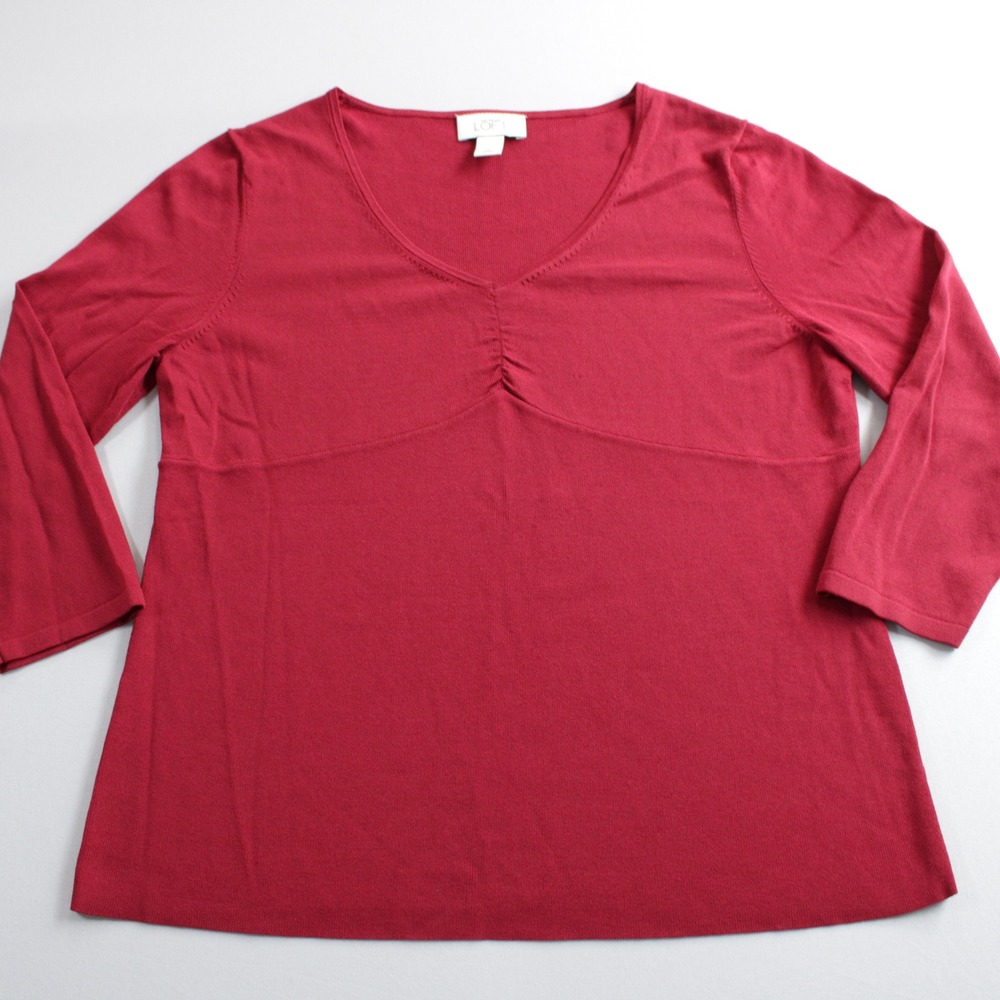 Ann Taylor LOFT Womens Red V-Neck Cinched Bust 3/4 Sleeve Knit Sweater Top Large